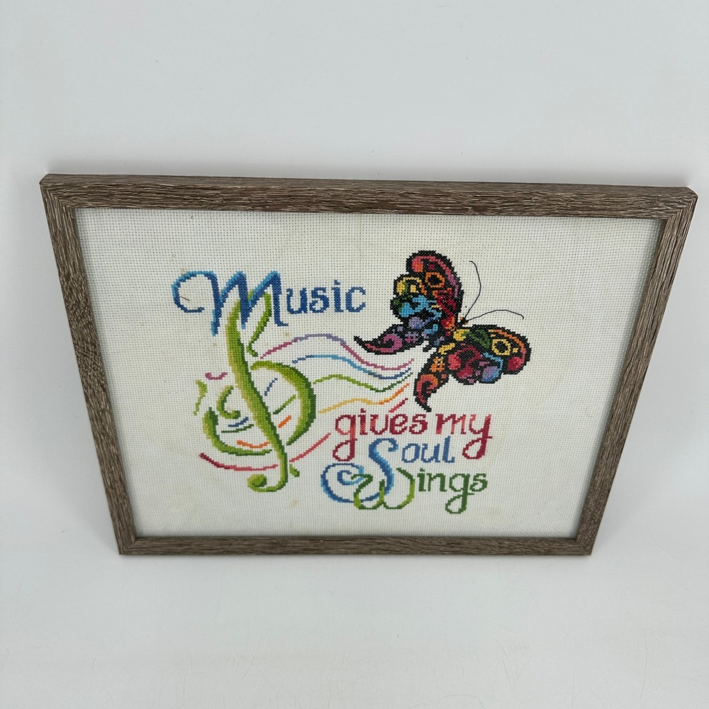 Music Gives My Soul Wings Framed Needlepoint Butterfly Treble Clef Wall Art